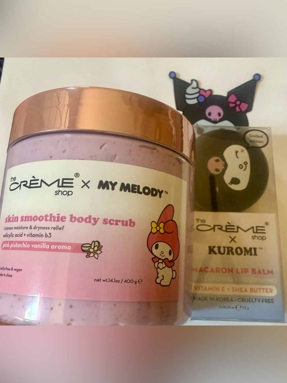The Creme shop MY MELODY Smoothie Body Scrub and Kuromi macaron lip balm set